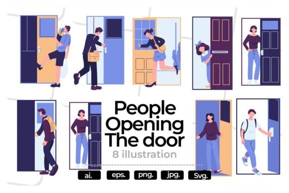 People Open the Door Flat Illustration Graphics